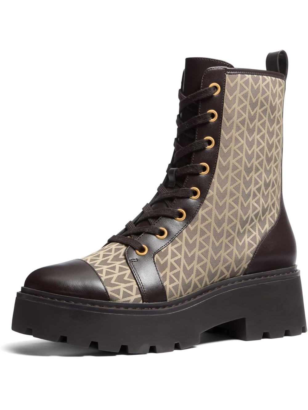 Michael Kors Brown and Beige Logo Lace-Up Combat Boot